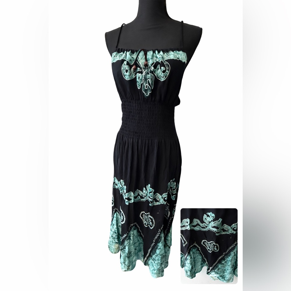 Black Boho Sundress with Turquoise Embroidery | Smocked Waist| Adjustable Straps